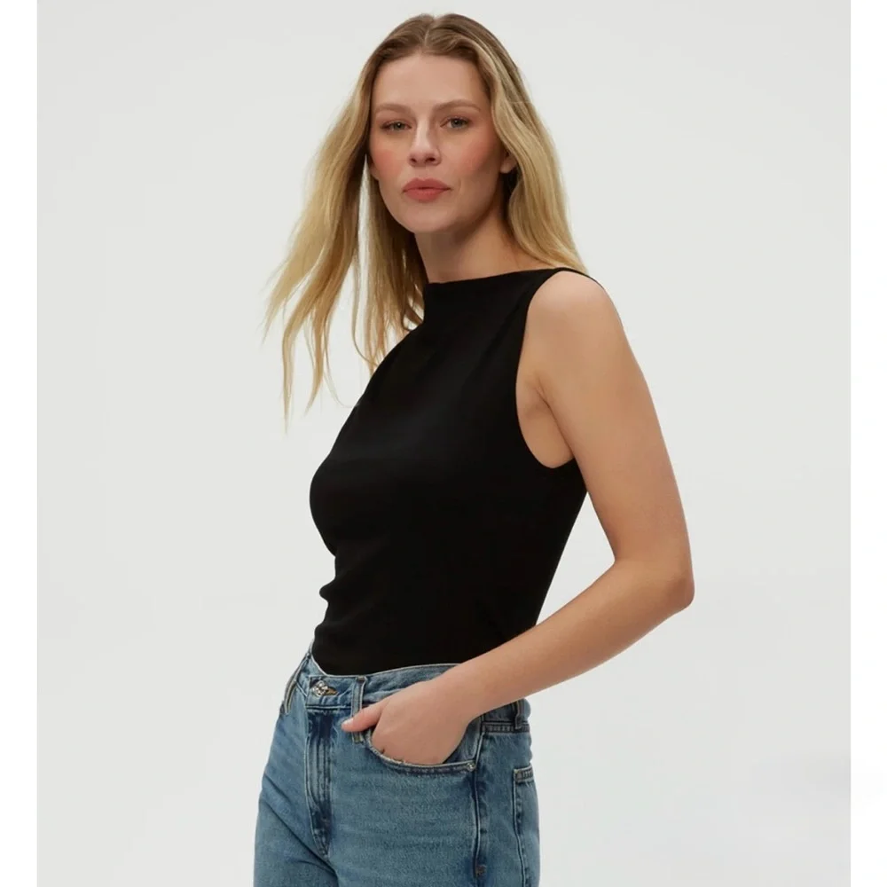 Michael Stars Black Coco Ruched Ribbed Boatneck Tank Size Small - Picture 3 of 13